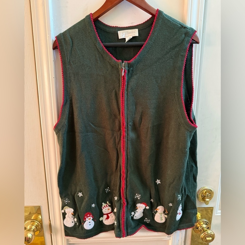 CJ Banks Green V-Neck Sweater Vest with Snowman Design